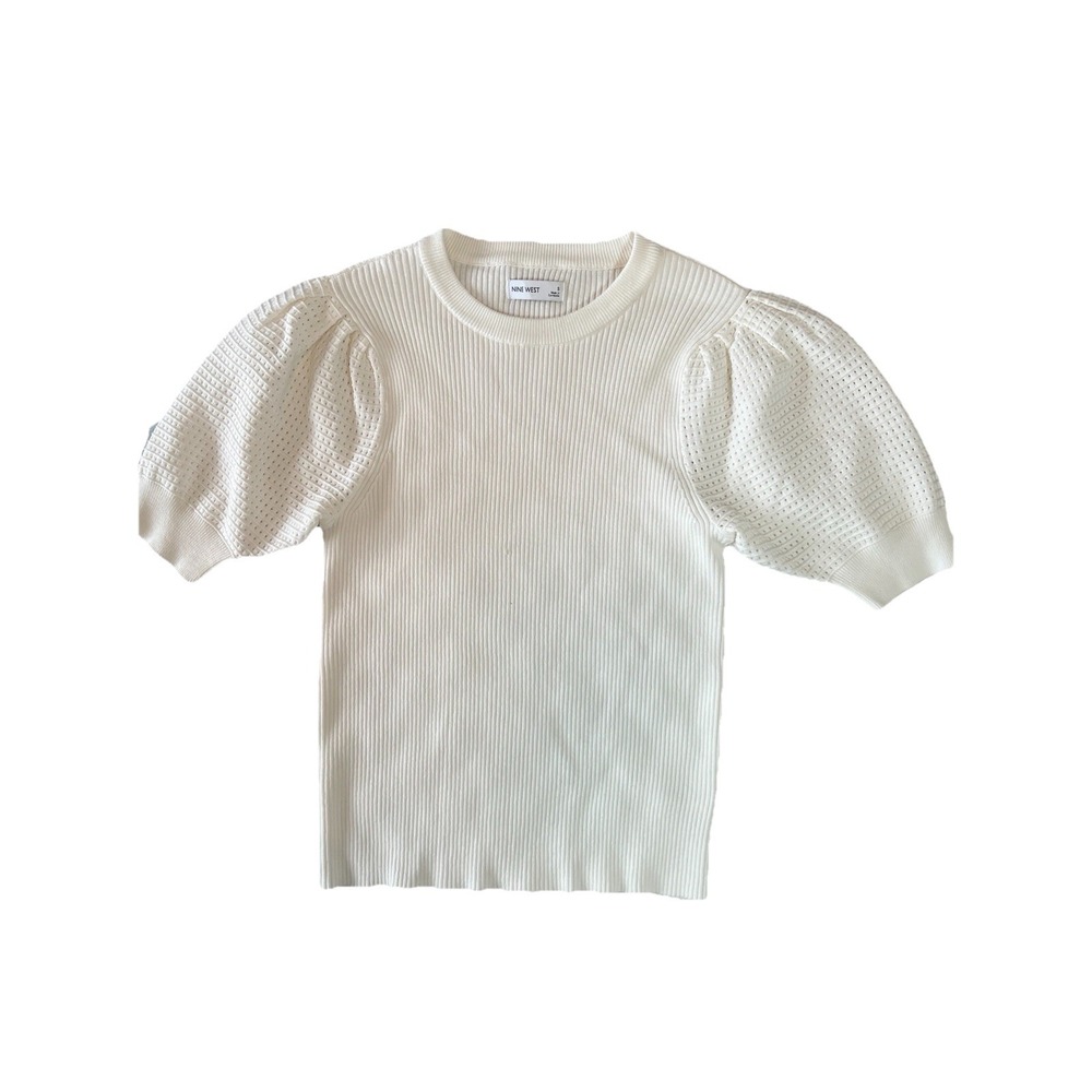 Nine West White Sweater Puff Sleeves Sz Sm  Preppy Career Workwear Academia